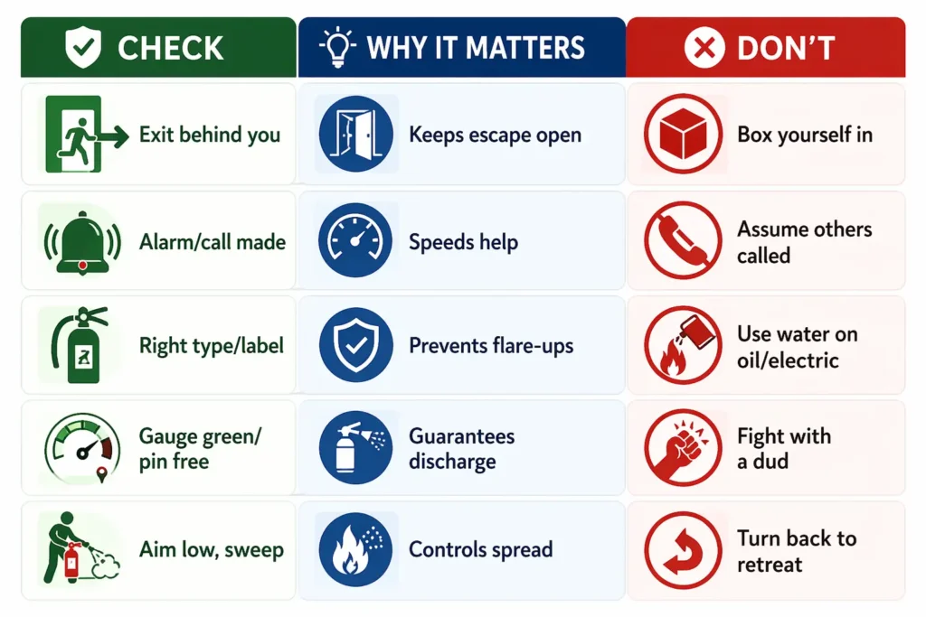 Before You Use an Extinguisher: Key Safety Checks + Don’ts